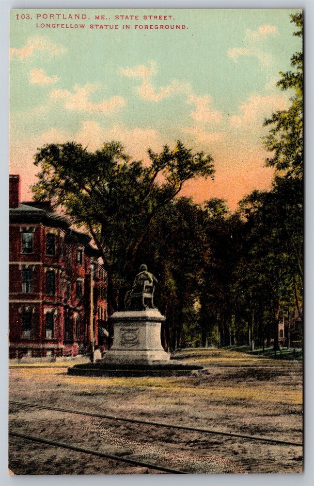 State Street Longfellow Statue Portland ME C1910's Postcard P11