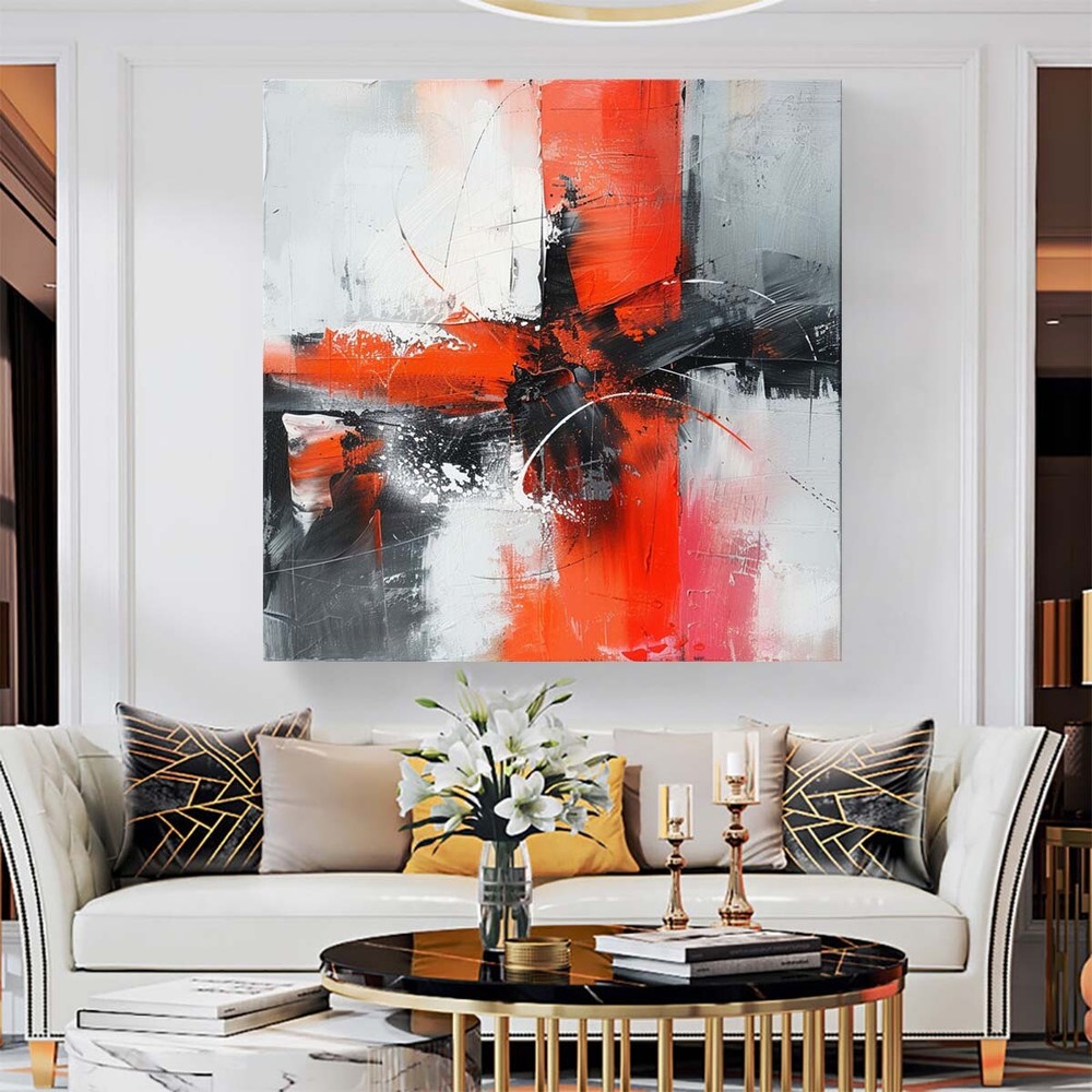 Abstract Oil Painting Thick Textured Hand Painted On Canvas Wall Art Red Gray