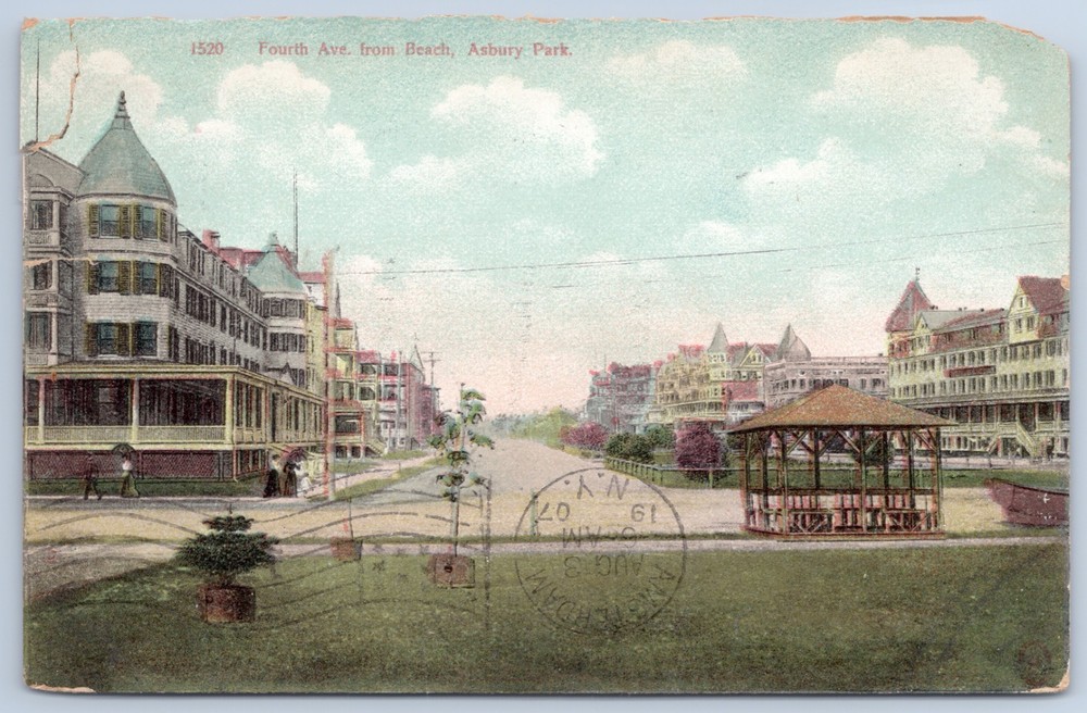 1907 New Jersey Asbury Park Fourth Ave Beach Matching Cancel Osborne Postcard