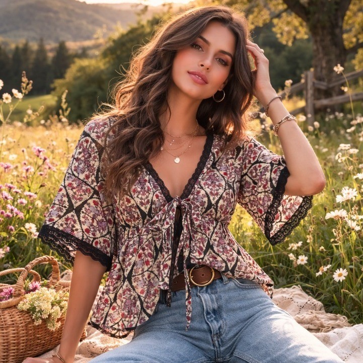 Boho Floral Blouse Cottagecore Romantic Indie Festival Tie Front Top MEDIUM