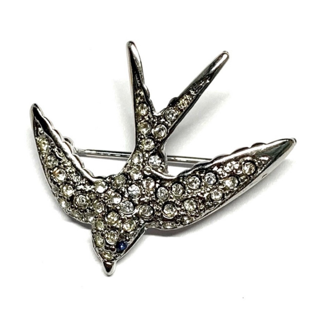 Vintage Rhinestone Swallow Bird Brooch | Silver Tone Crystal Bird Pin