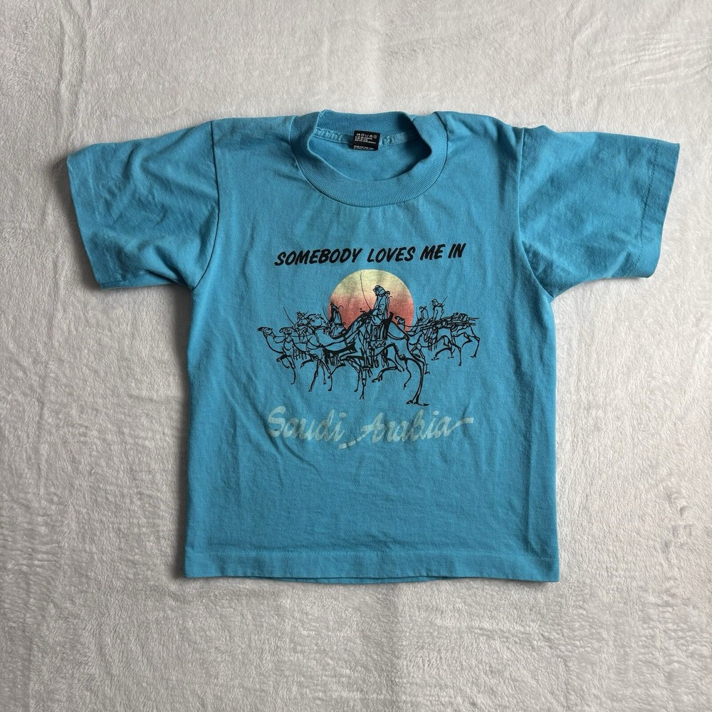 VTG 90's Somebody Loves Me In Saudi Arabia Blue SS Shirt Youth Medium *