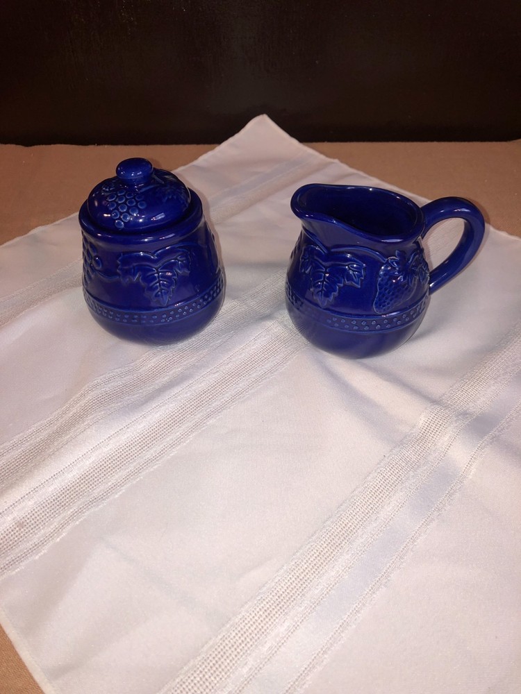 Cobalt Blue Ceramic Creamer Pitcher and Sugar Set