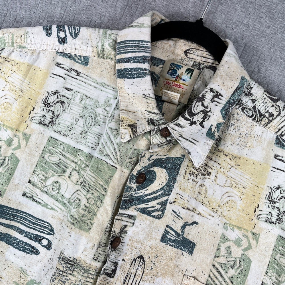 John Severson Kahala Shirt Mens XL Tan Aloha Surf Rayon Linen Button Up Hawaiian