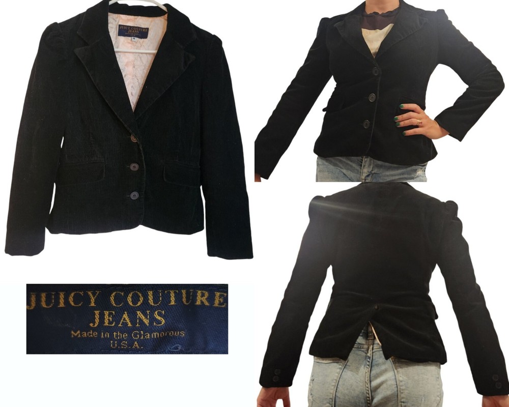 Juicy Couture Black Corduroy Lined Women’s Blazer Jacket Medium Y2K USA Vintage