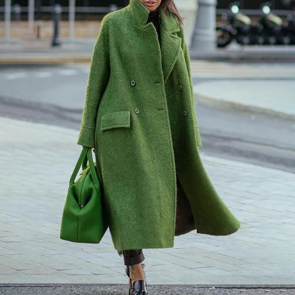 Womens Wool Blend Trench Coat Double Breasted Long Jacket Overcoat Warm Outwear