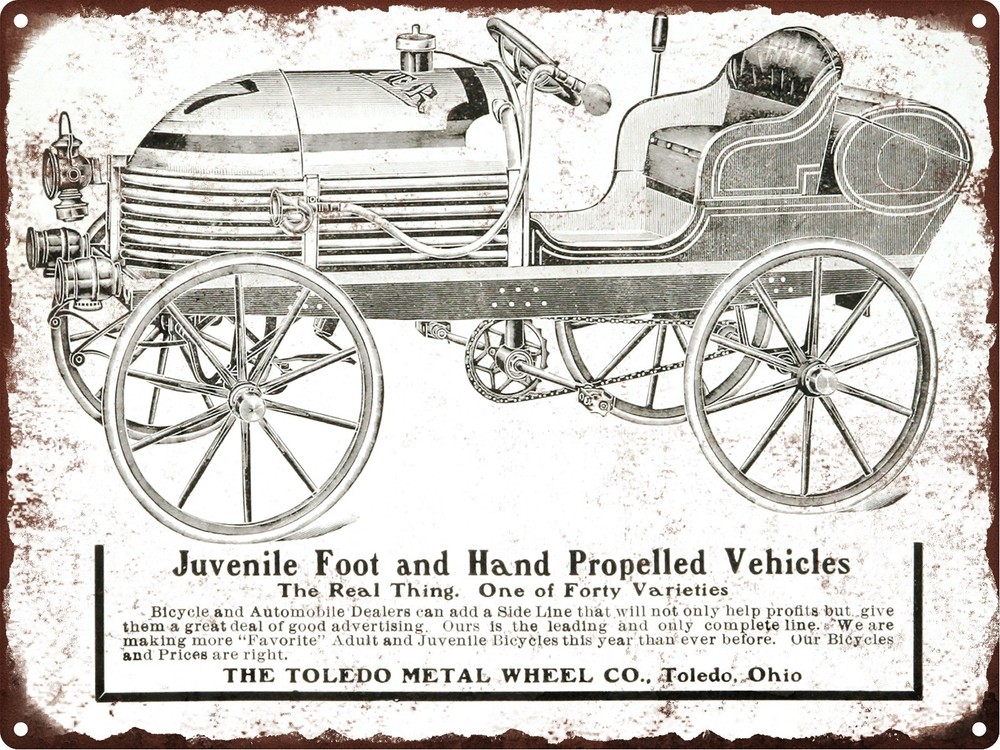 1905 TOLEDO Juvenile Pedal Car Toy Foot Propelled Metal Sign Repro 9x12