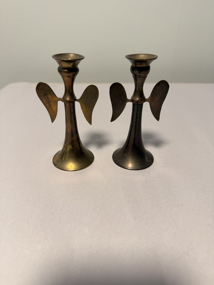 Mid-Century Modern Set of 2 Solid Brass Angel Candle Holders,Removable Wings