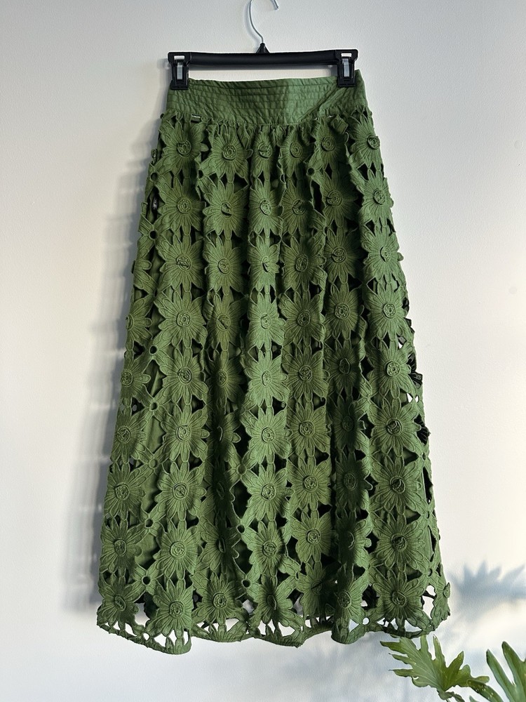 FARM Rio XXS Green Floral Lace Richelieu Midi Skirt Removable Lining