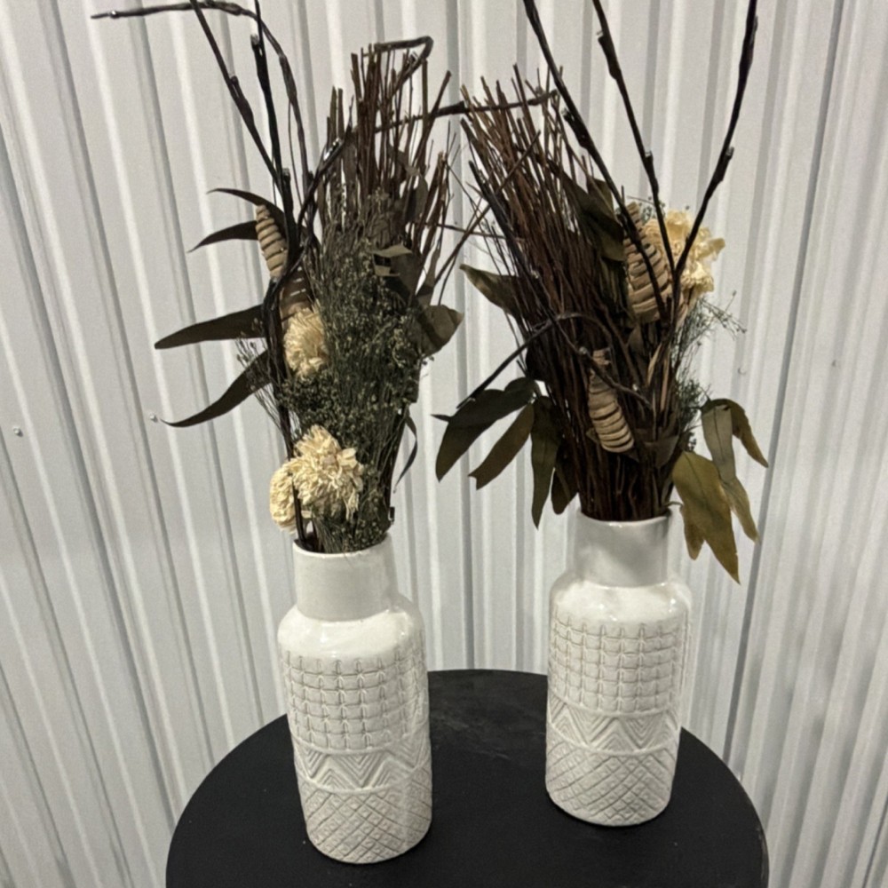 Artificial Floral Arrangement Set of 2 in White Ceramic Vases, Brown Green