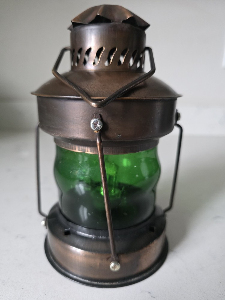 Vintage MCM Green Glass & Copper Kerosene Railroad Nautical Lantern Excellent