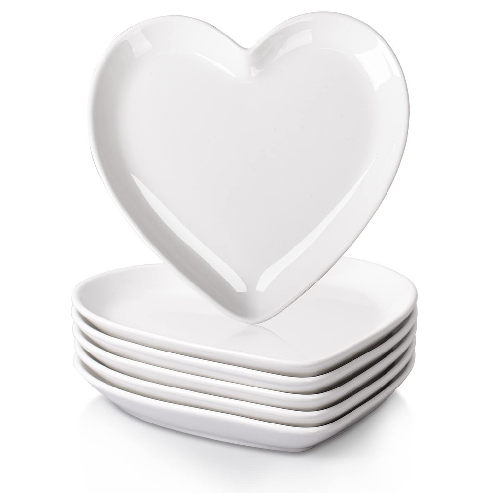 DELLING Heart Shaped Dessert Salad Plates- 6 Pack, 7.3 Inch Ceramic White Dinner