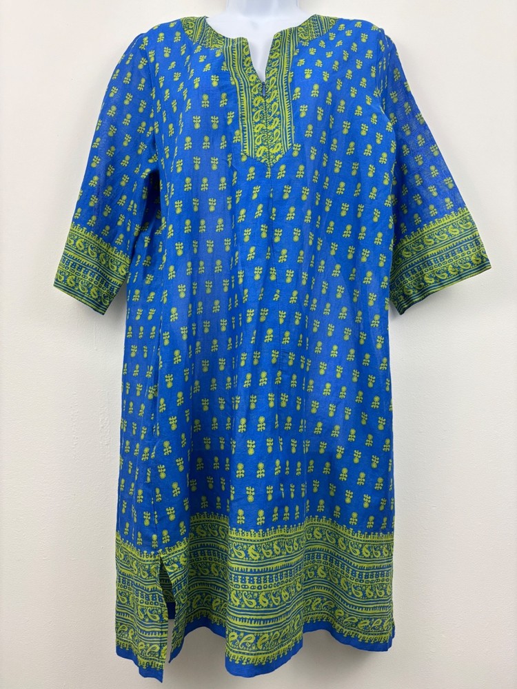 Charter Club Blue Green Cotton Kurta Tunic Dress Women’s M India Print
