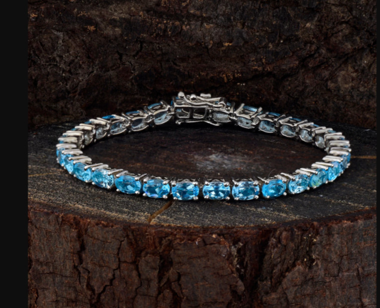 Swiss Blue Topaz Oval 6*4 Tennis Bracelet Platinum Over 925 Sterling Silver 7 In