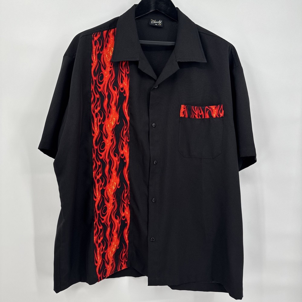 Steady Bowling Shirt Men 3XL Black With Flames Retro Rockabilly Made USA