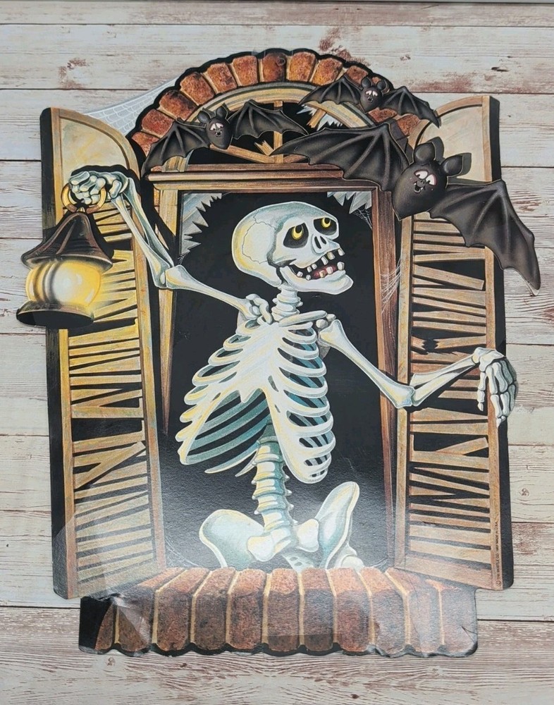Vintage 1983 Beistle Skeleton DieCut Halloween Paper Decor Lantern Bats 15.5