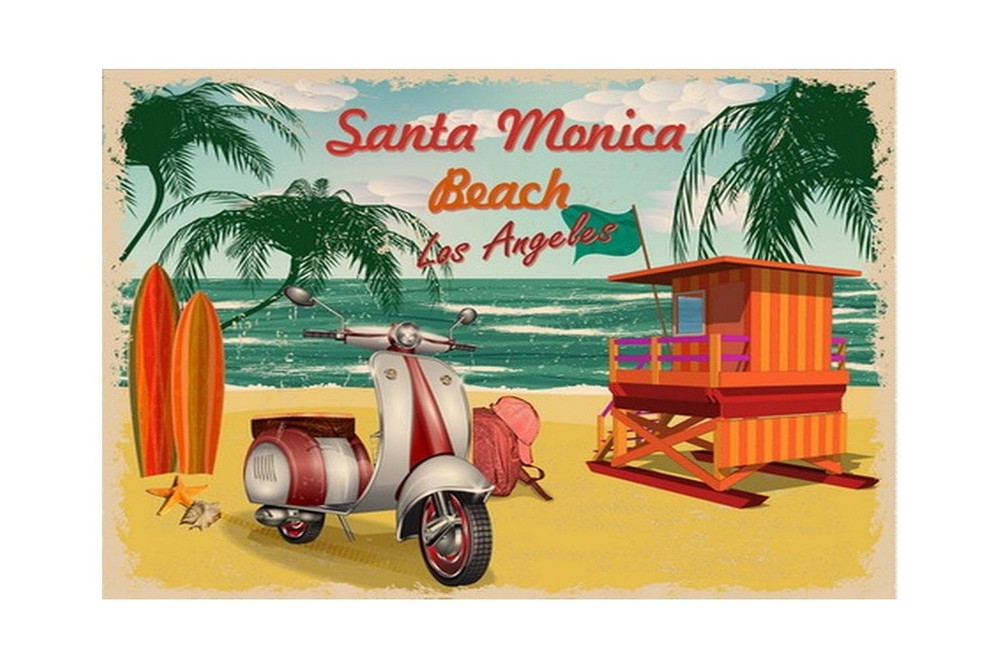 Retro Tin Sign Vintage Beach Metal Poster, Santa Monica Beach Los Angeles, Wa...