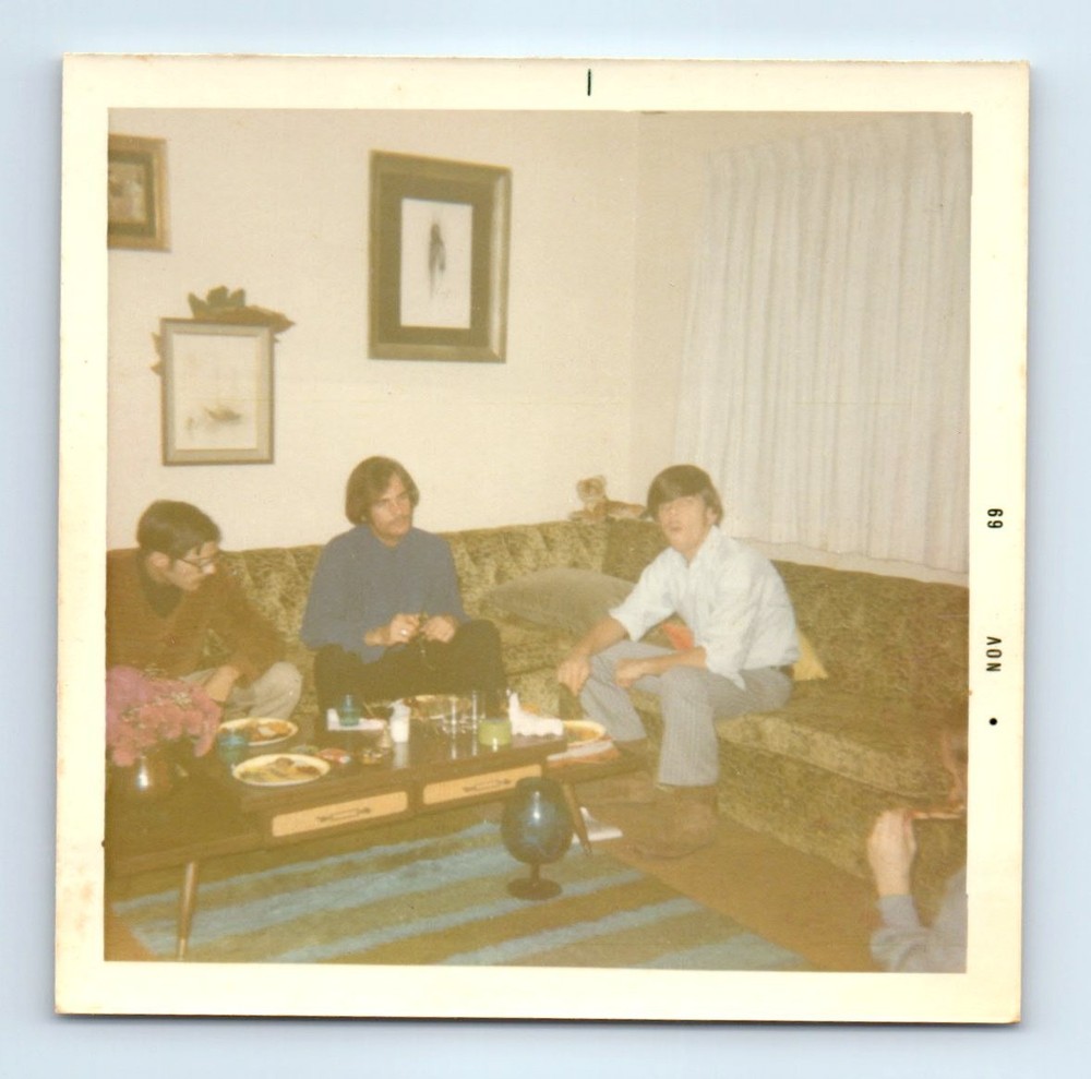 Old Vintage Square Color Photo MEN SITTING ON COUCH SOFA BY COFFEE TABLE