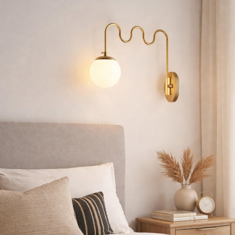 Modern Brass Wall Sconce with Globe Shade – Mid Century Curved Arm Wall Light fo