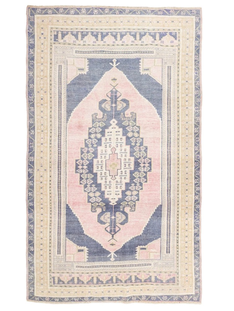 Vintage Oushak Hand Knotted Wool Rug Pastel Pink Blue Turkish Medallion Carpet