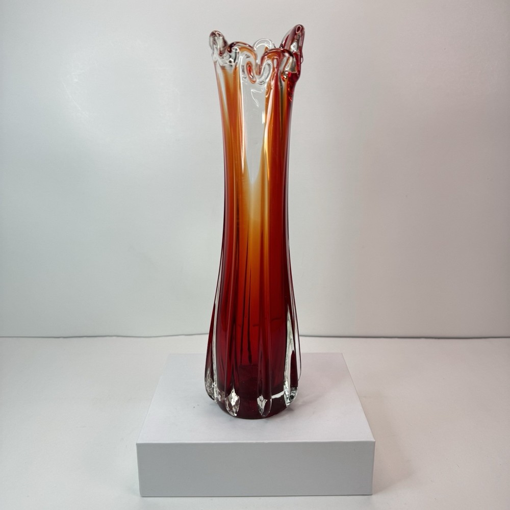 Swung Finger Vase Art Glass MCM Red, Orange And Clear Amberina 9