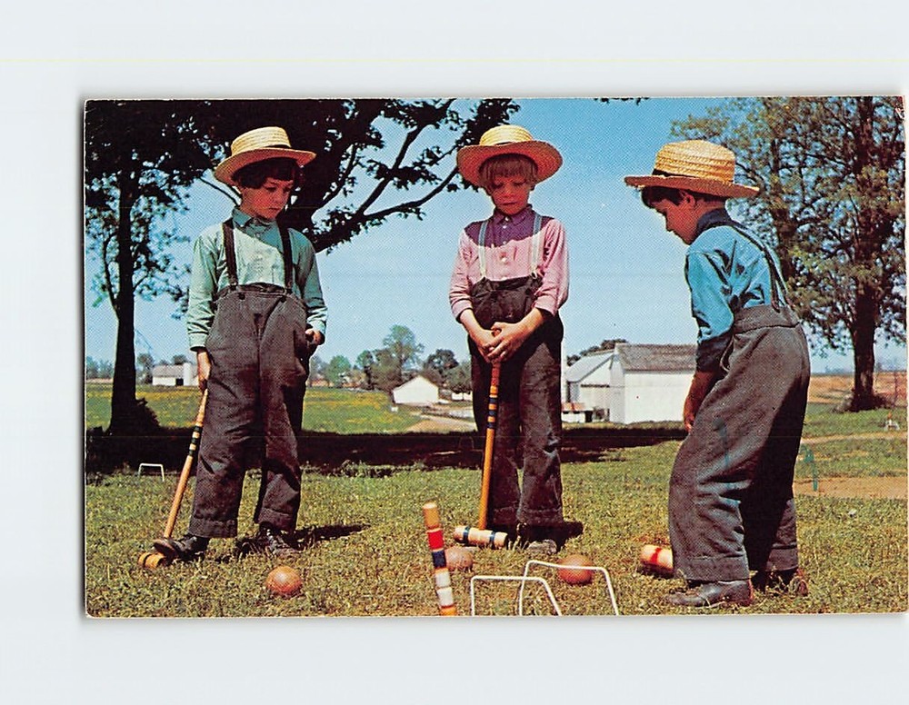 Postcard Amish Boys Playing Croquet