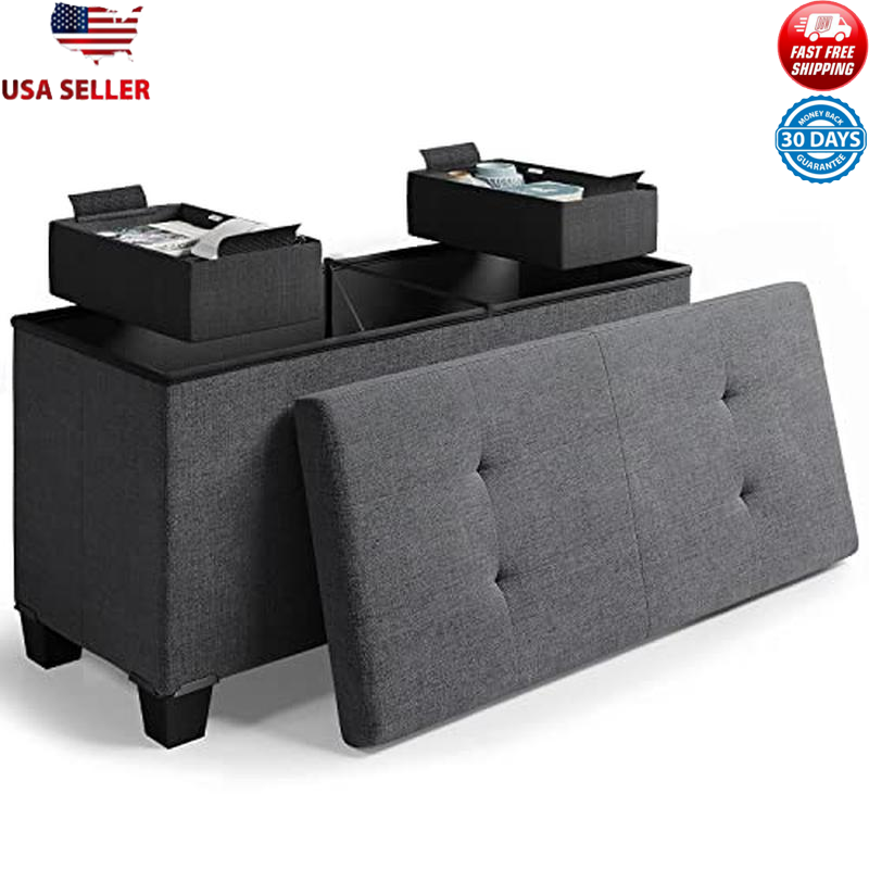 Tufted Storage Ottoman Bench Folding Foot Rest W/ Removable Bins 660lbs Capacity
