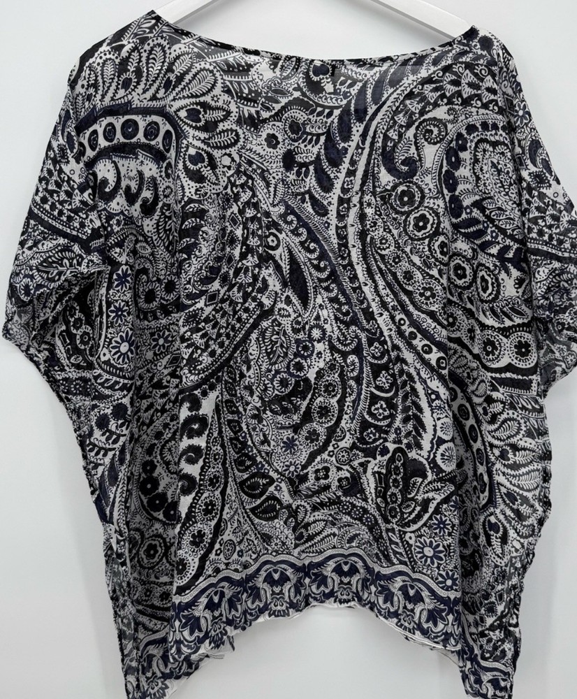 Talbots Poncho Top Womens Large  Paisley Sheer Black Cotton Silk Light