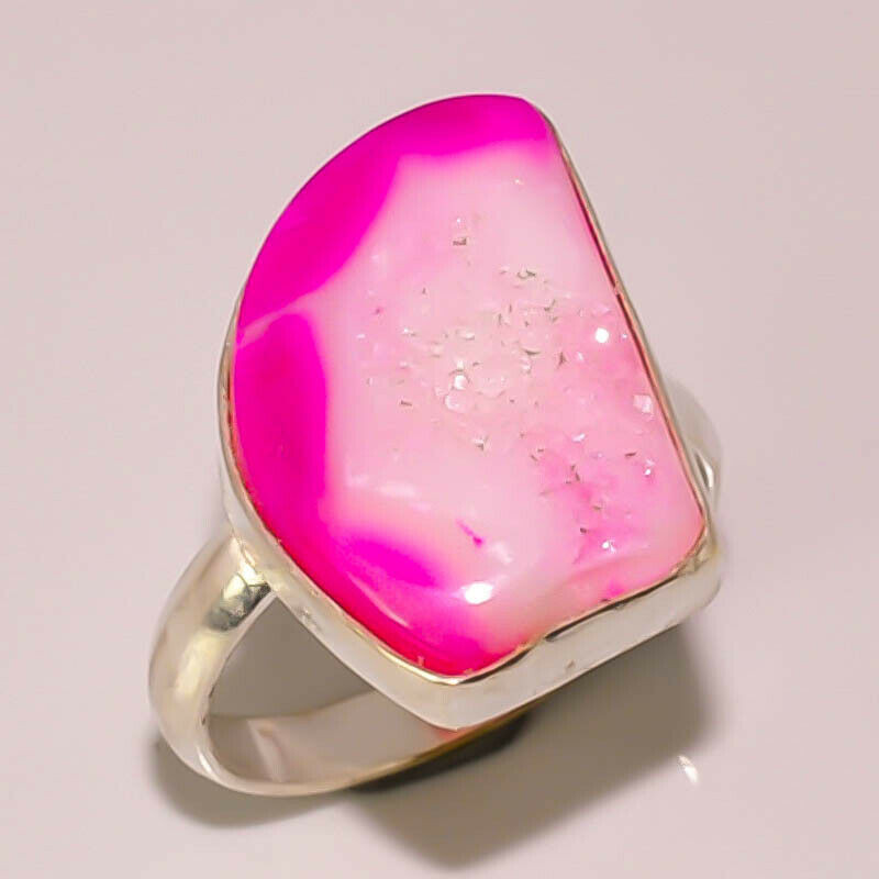 Natural Pink Onyx Druzy 925 STERLING SILVER PLATED RING 9