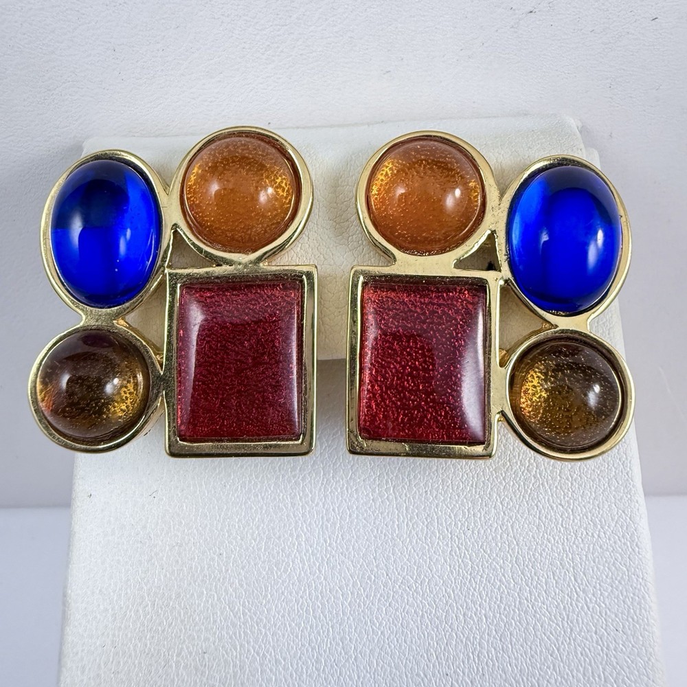 Vintage LES BERNARD Clip on Earrings Gripoix Style Mogul Geometric Design