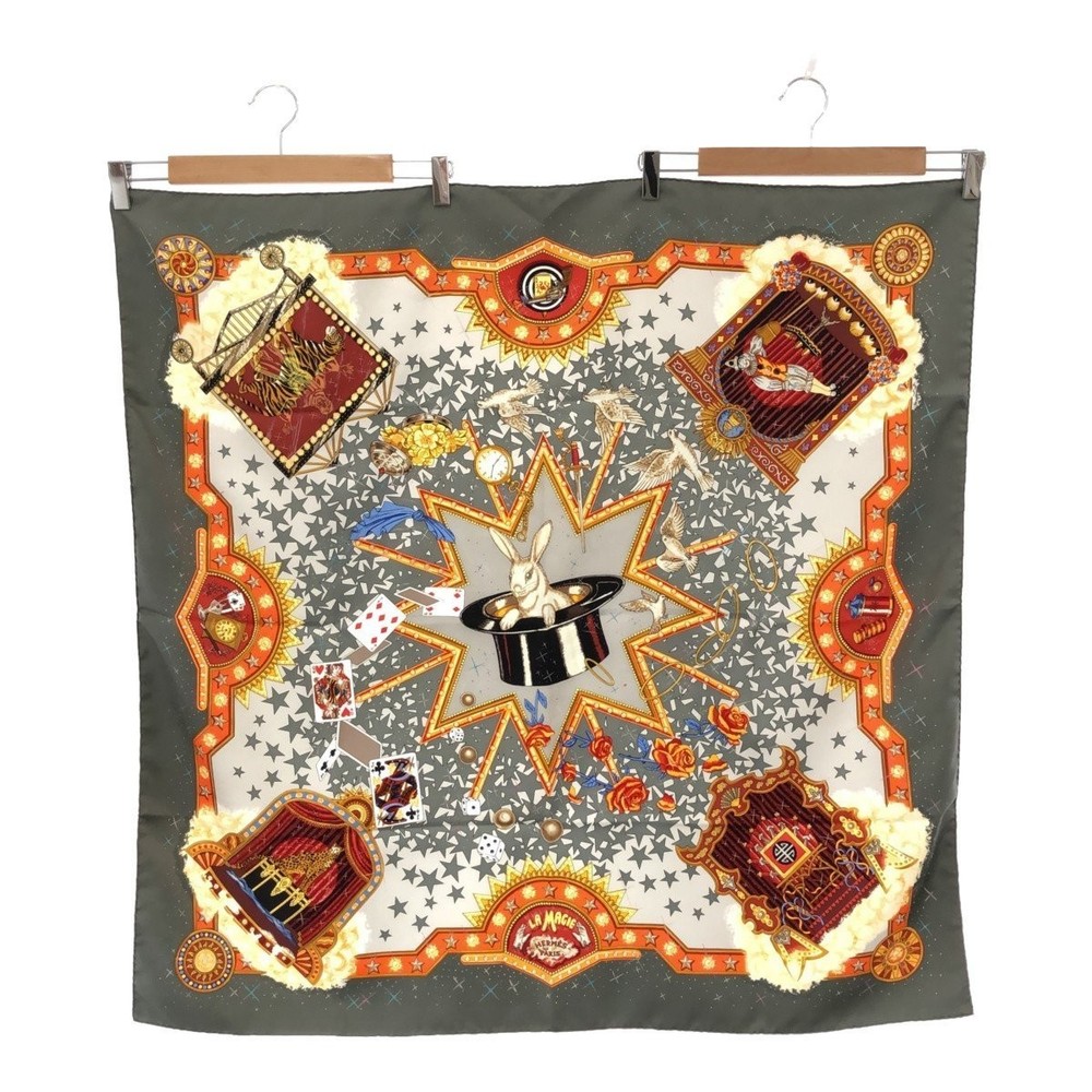 Hermes Carre 90 Magic Rabbit Gray Silk Scarf 552472