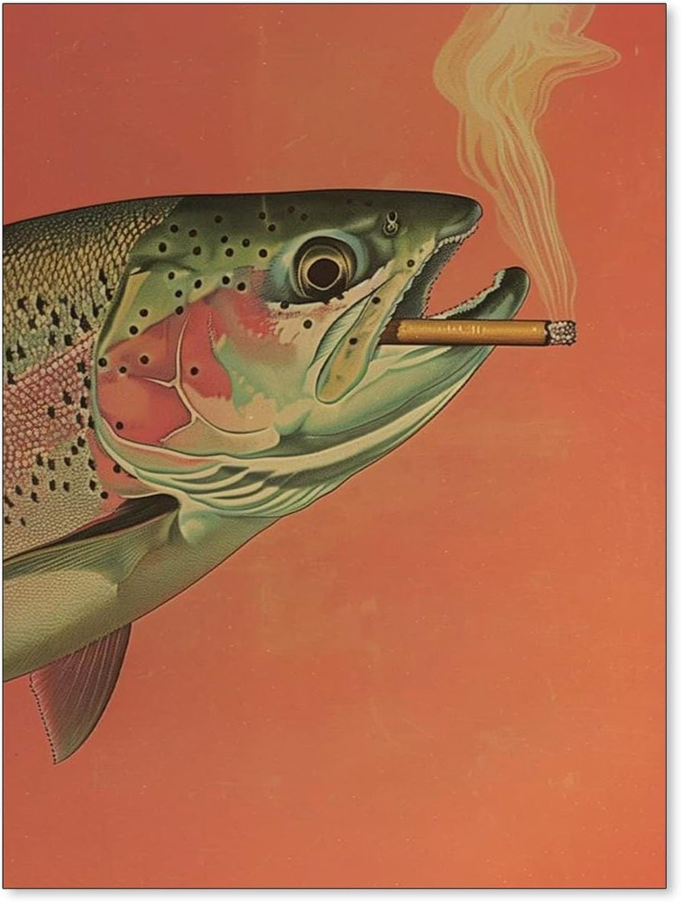 Vintage Trout Smoking a Cigarette Poster Funny Whimsical Wall Art Prints Cabin D