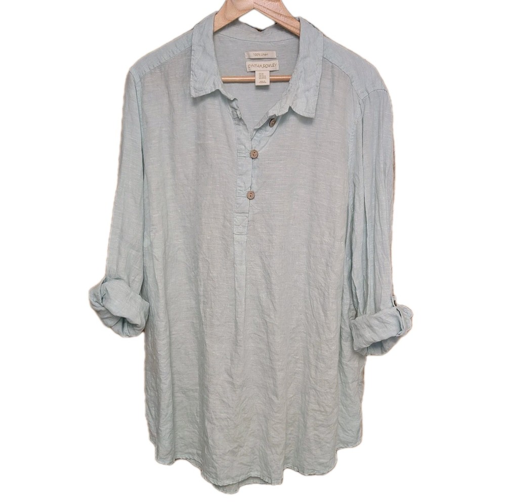 Cynthia Rowley 100% Linen Tunic Top Womens 2X Roll Tab Sleeve Mint Green Coastal