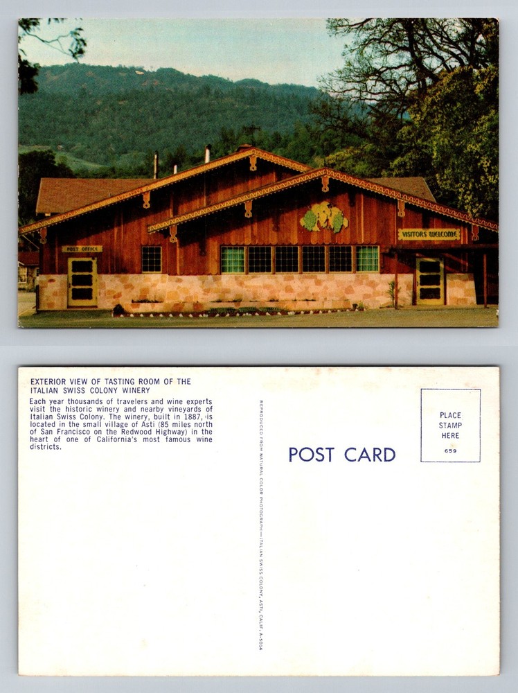 Asti CA-California, Italian Swiss Colony Winery Tasting Room Vintage Postcard