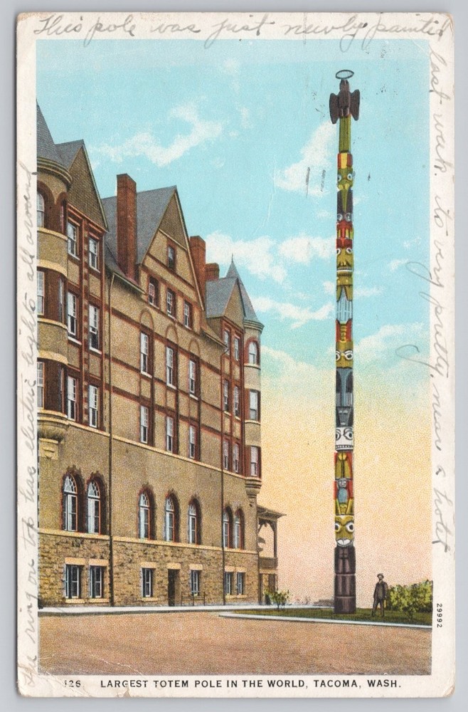 Tacoma WA Washington World's Largest Totem Pole Postcard 1929 Leland Lund