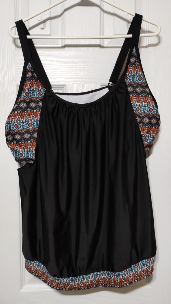 Black Multicolor Geometric Tankini Top 4XL Adjustable Straps Polyester Women's