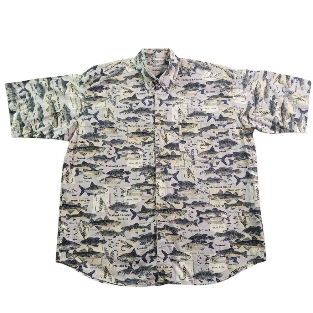 Columbia Shirt Mens 2XL XXL Short Sleeve Button Fish AOP Peter Ross Mallard Zulu