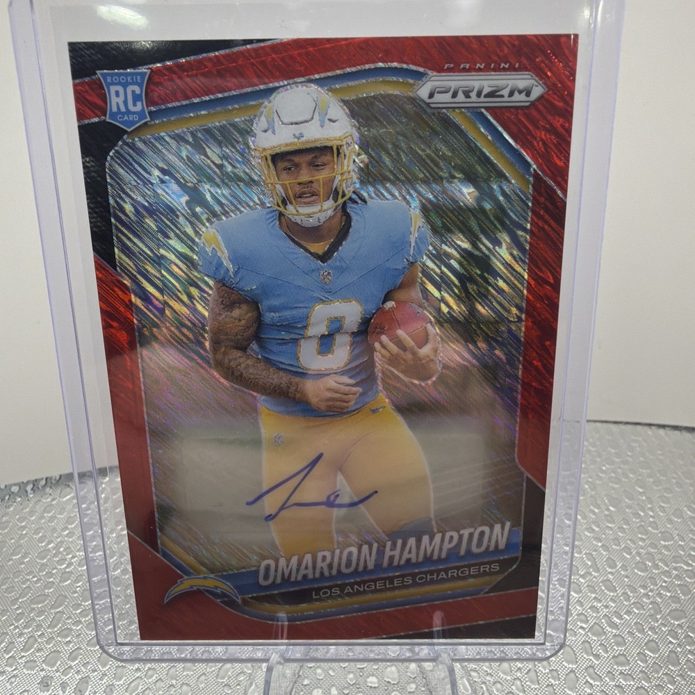 2025 Panini Prizm - Rookies Omarion Hampton #355 Red Shimmer Prizm Autographs.