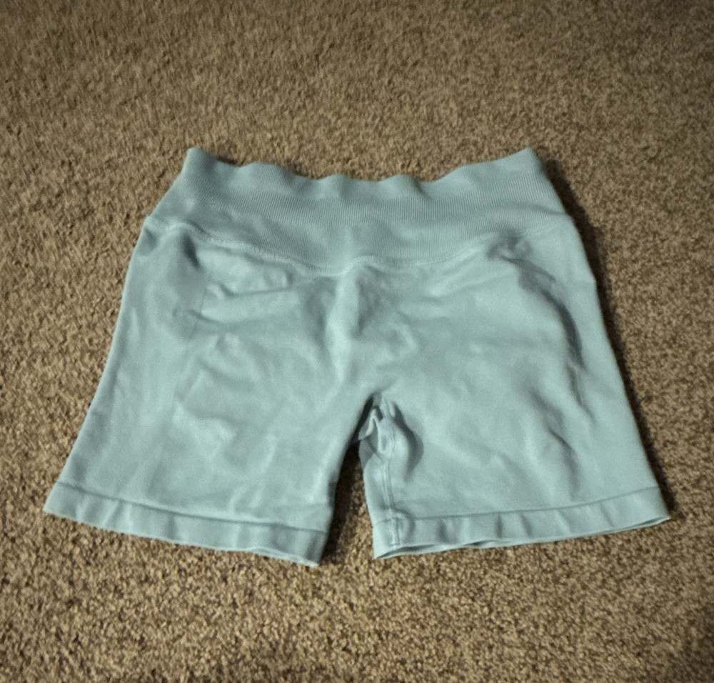 Women's Light Blue Seamless High Waist Biker Shorts Pull-On Stretch Yoga M