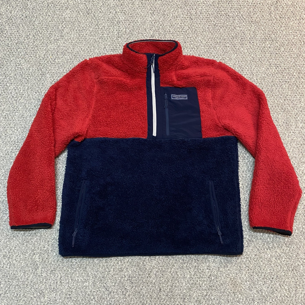 Vineyard Vines Mens Sherpa Super Shep Jacket Pullover 1/4 Zip Red Blue Large