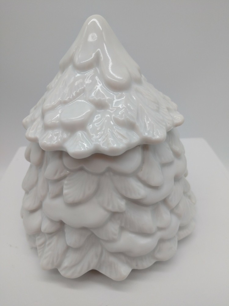 White Ceramic Christmas Winter  Tree Trinket Box with lid  5 inches tall