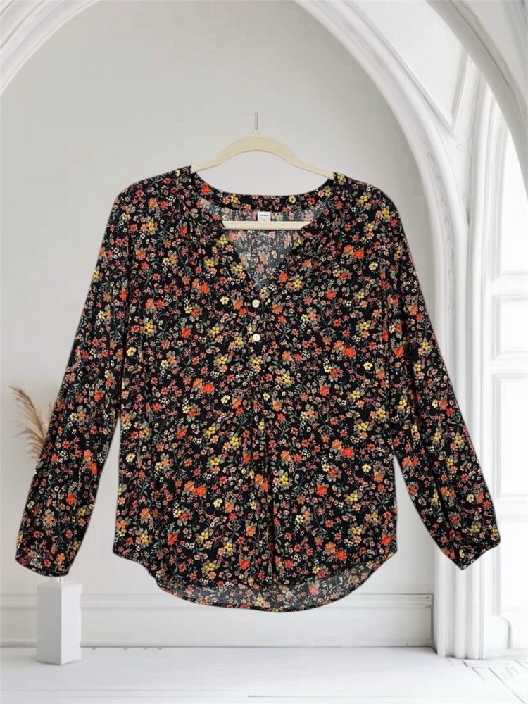 Old Navy Black Floral Long Sleeve V Neck Top Women’s Size Small Lightweight