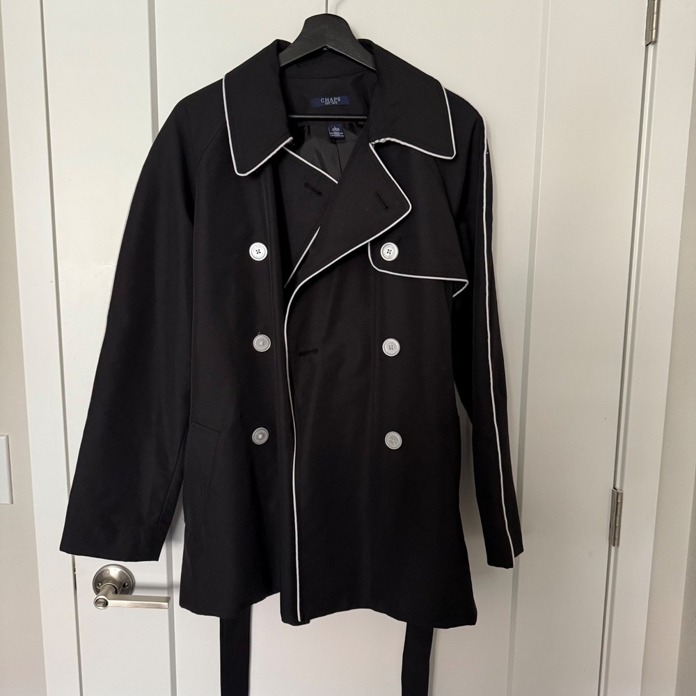 Chaps Women's Black Trench Coat Jacket Size L with White Trim Double Breasted