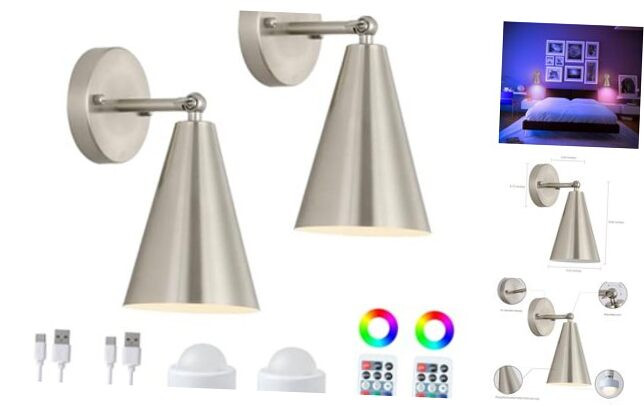 Brushed Nickel Battery Operated Wall Sconces Set of Two,Wireless Rechargeable