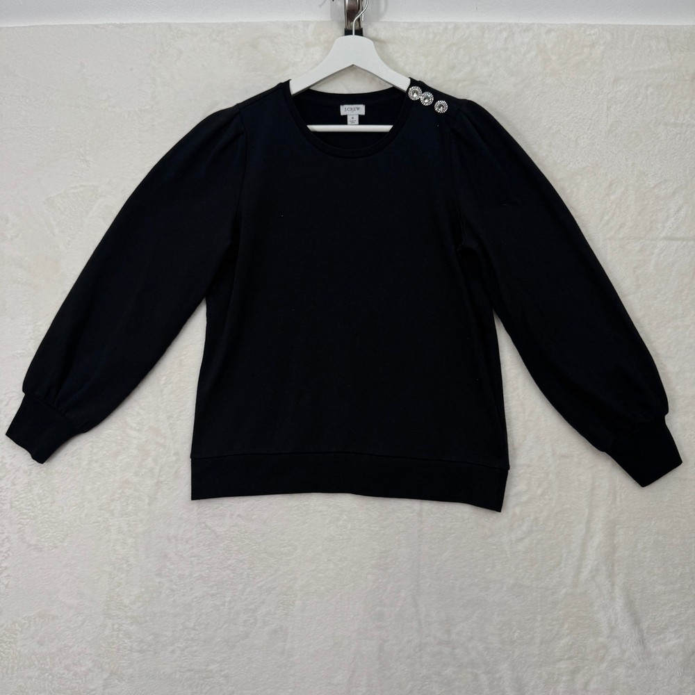 J.Crew Sweatshirt Womens S Black Rhinestone Button Shoulder Puff Sleeve Fleece