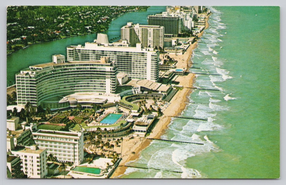 Vintage Miami Beach FL Aerial View Hotels Indian Creek Atlantic Ocean Postcard