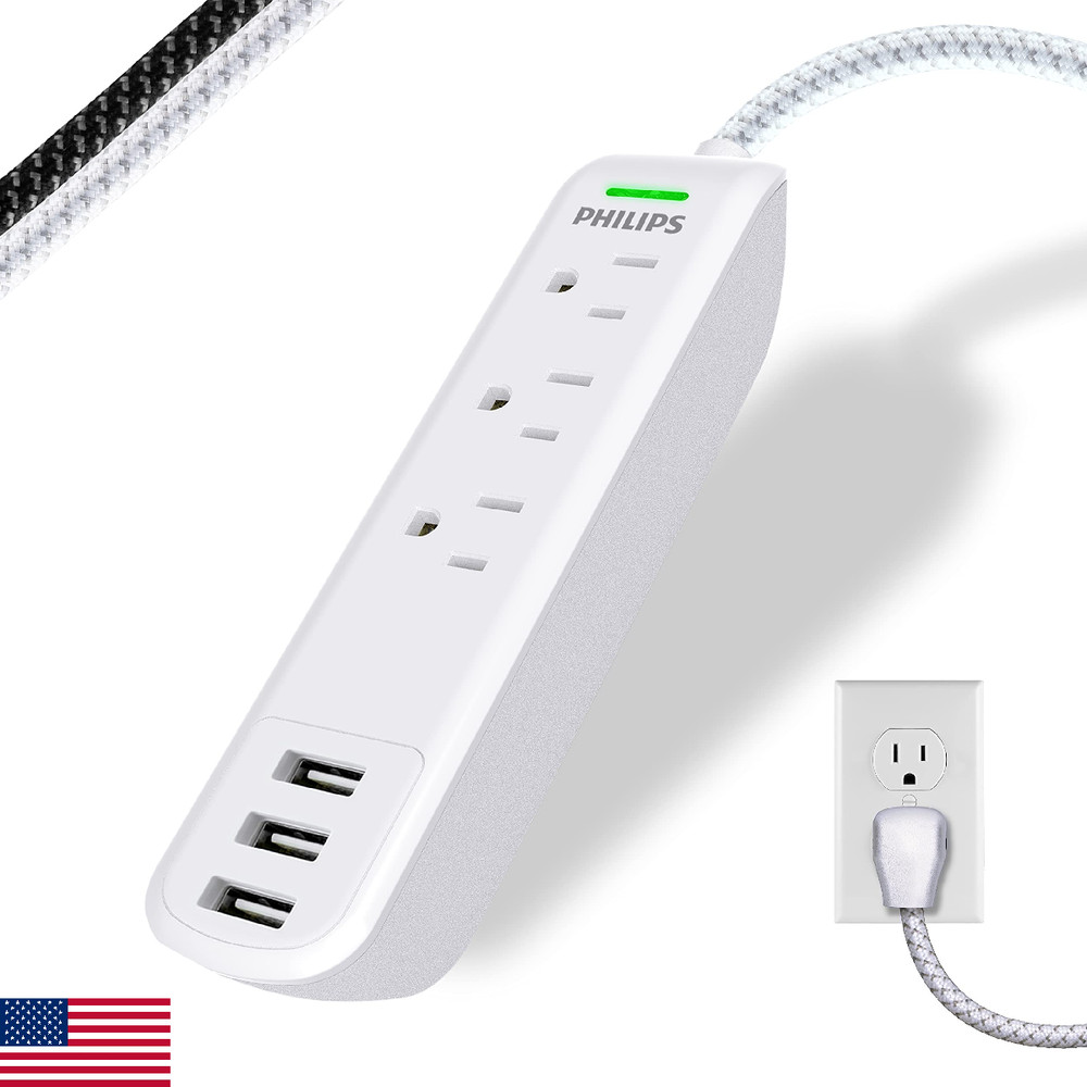 Philips Surge Protector Power Strip, 3 Outlet Surge Protector, 6Ft Cord Power St