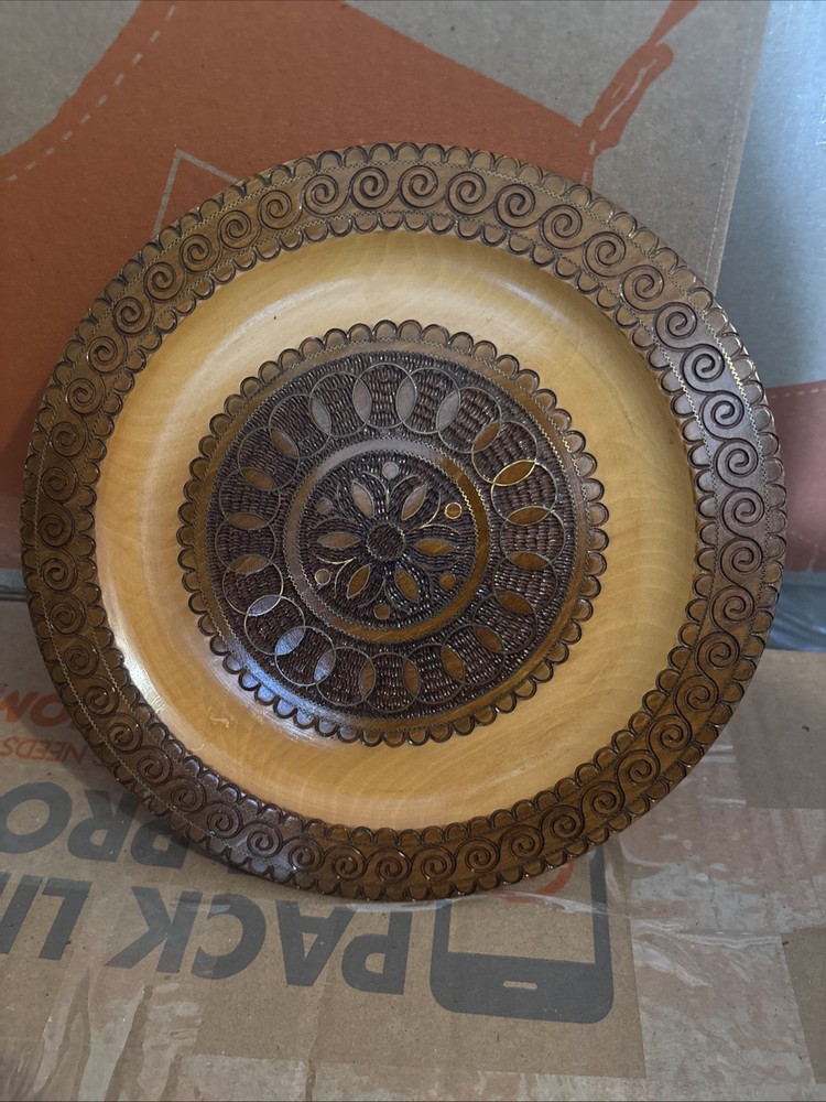 Vintage Hand Carved Wooden Decorative Plate Bowl Folk Art Pyrography Boho Decor