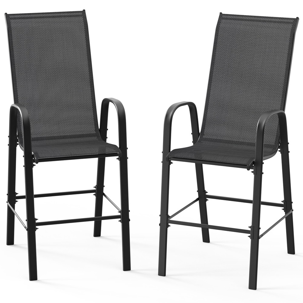 2PCS Patio Bar Stools Indooor Outdoor Backyard Black Chairs High Back