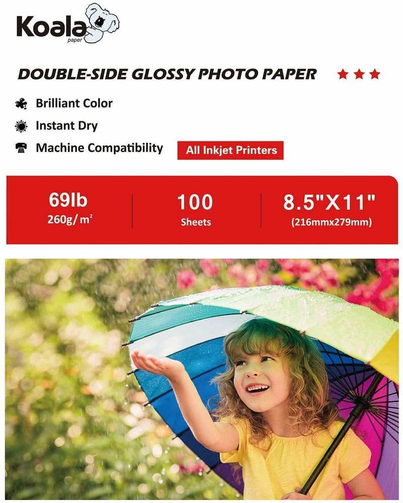 Koala Double Sided Photo Paper 8.5x11 Glossy 69 lb 100 Sheets for Inkjet Printer
